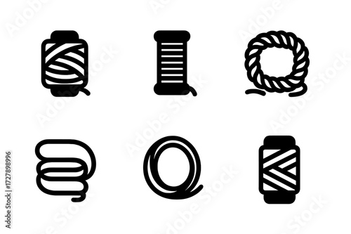 String Types Icons. Solid, filled icon set of string types: cotton string, nylon string, silk thread, hemp rope, elastic cord, fishing line, metallic wire,