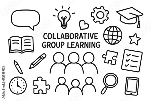 Doodle Group Learning Icons. Hand-drawn doodle illustration Collaborative group learning [speech bubble, book, pencil, lightbulb, gear, globe, heart, star,