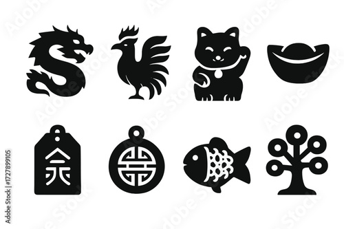 Fortune Myth Icon Grid. Solid, filled icon set of fortune mythology: dragon, phoenix, lucky cat, gold ingot, talisman, amulet, lucky fish, tree of prosperity.