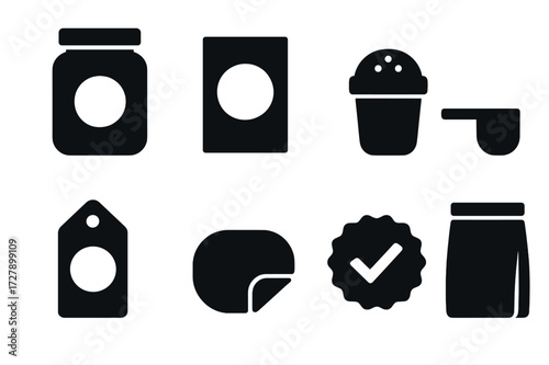 Powder Packaging Icons. Solid, filled icon set of powder packaging and labels: powder jar, powder box, shaker cap, measuring scoop, label tag, safety seal,