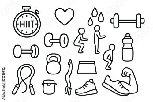 Fitness Doodle Icons. Hand-drawn doodle illustration HIIT training stopwatch, heart, sweat drops, dumbbell, kettlebell, barbell, push-up icon, squat icon,
