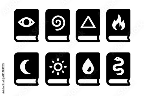 Mystical Book Icon Grid. Solid, filled icon set of mystical book symbols: eye on cover, spiral mark, arcane triangle, burning sigil, lunar crest, sunburst