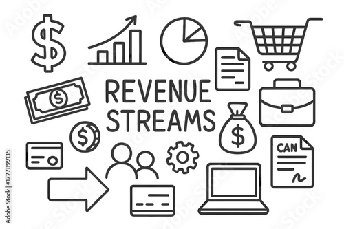 Revenue Streams Doodle. Hand-drawn doodle illustration Revenue Streams [dollar sign, bar chart, pie chart, cash, coin, briefcase, shopping cart, arrow,