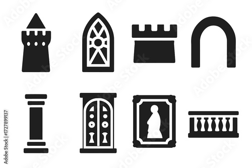 Noble Architecture Icons. Solid, filled icon set of noble architecture details: turret, stained glass, battlement, archway, column, ornate door, fresco,