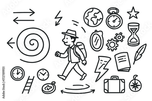 Time Traveler Icons. Hand-drawn doodle illustration time traveler crossing timelines spiral, parallel arrows, mirror, globe, lightning bolt, stopwatch,