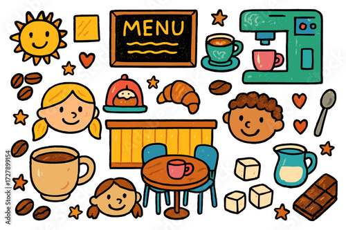 Whimsical Coffee Shop Scene. Coffee shop. Colorful Hand-drawn doodle Children illustration Coffee cup, coffee beans, coffee machine, counter, menu board,