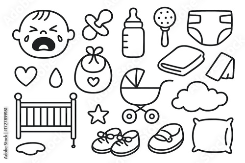 Baby Essentials Doodle. Hand-drawn doodle illustration First cry baby face, pacifier, bottle, rattle, diaper, bib, blanket, crib, stroller, baby shoes, heart,