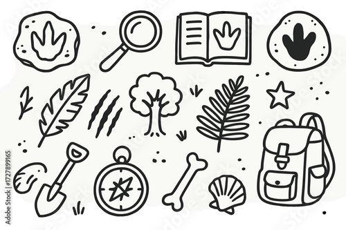 Dinosaur Footprint Exploration. Hand-drawn doodle illustration Ancient animal footprint study [fossil, dinosaur track, magnifying glass, notebook, rock,