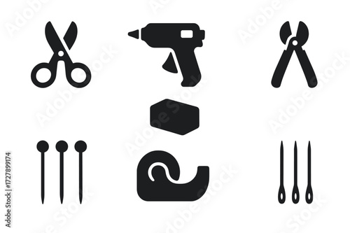 Corsage Tool Icons. Solid, filled icon set of corsage making tools: floral scissors, glue gun, wire cutters, floral foam, floral pins, tape dispenser, flower