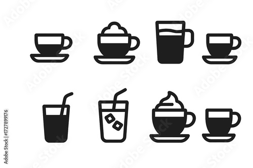 Coffee Icons Grid. Solid, filled icon set of coffee beverages: espresso, cappuccino, latte, americano, macchiato, cold brew, mocha, flat white. [Line icons in