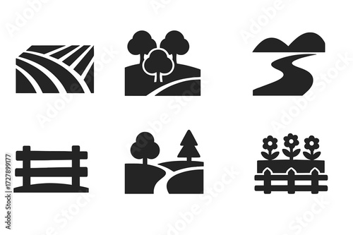 Landowner Icon Set. Solid, filled icon set of landowner landscape: fields, orchard, river, hills, roads, fences, trees, garden. Solid, filled icons in only