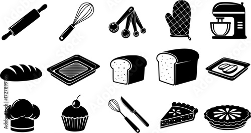 black and white pictogram Baking kitchen tools silhouettes, Bakery silhouette, Bakery , Kitchen tools, Kitchen tools silhouettes