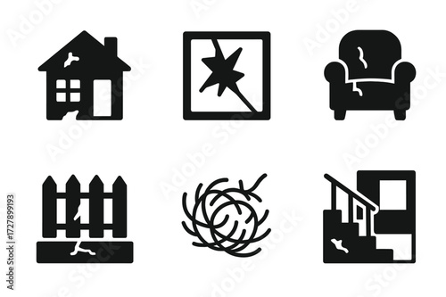 Derelict Property Icons. Solid, filled icon set of derelict property: peeling paint, shattered glass, broken fence, abandoned furniture, cracked foundation,