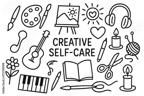 Creative Self-Care Icons. Hand-drawn doodle illustration Creative self-care [paintbrush, palette, canvas, guitar, piano keys, book, pen, knitting needles, yarn