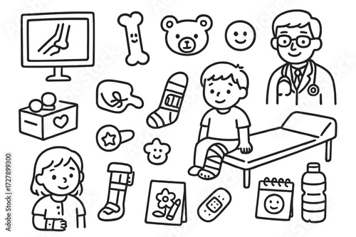 Pediatric Bone Care Doodles. Hand-drawn doodle illustration [pediatric bone care] [child patient, teddy bear, small cast, x-ray screen, leg brace, sticker