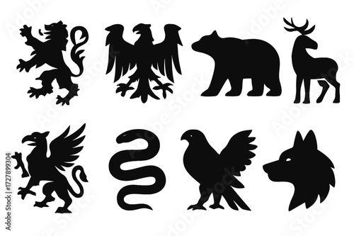 Animal Crest Icons. Solid, filled icon set of animal crests: lion rampant, eagle spread wings, bear, stag, griffin, serpent, falcon, wolf head. Solid, filled
