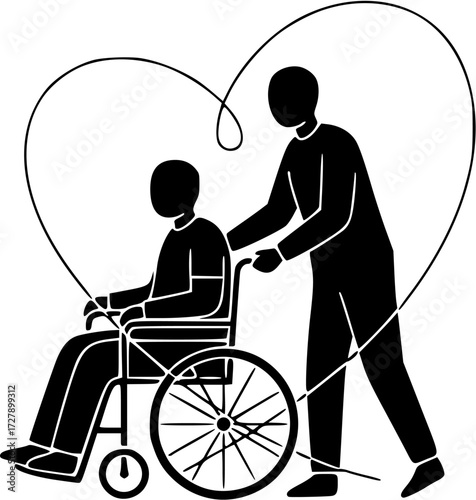 Vector illustration of caregiver pushing elderly person in wheelchair – Symbol of healthcare, disability support and senior assistance