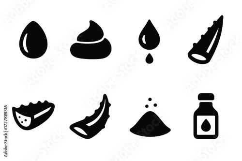 Aloe Vera Icon Set. Solid, filled icon set of aloe vera textures: smooth gel, thick cream, liquid juice, soft leaf, fresh cut, dried leaf, powder, oil. Solid,