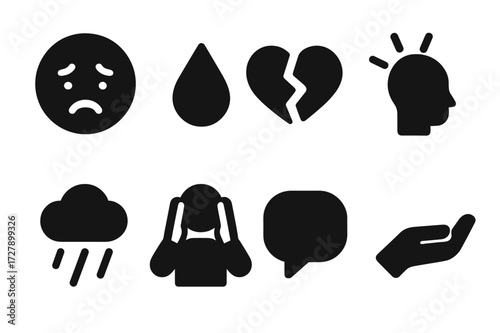 Layoff Emotions Icons. Solid, filled icon set of emotional impact of layoff: stressed face, tear drop, broken heart, headache, cloud with rain, hands holding