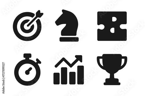 Icon Set_ Strategy Symbols. Solid, filled icon set of bid strategy: target, chess piece, light bulb, puzzle piece, stopwatch, growth chart, trophy, checklist.