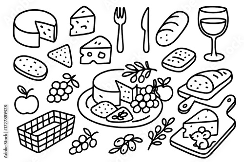 Gourmet Cheese Platter Doodle. Hand-drawn doodle illustration Gourmet cheese platter cheese wheel, cheese wedge, slice, cracker, bread, grapes, olives, knife,