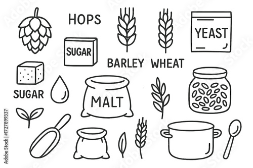 Craft Beer Ingredients. Hand-drawn doodle illustration Ingredients for craft beer hops, barley, wheat, yeast packet, sugar, water droplet, malt bag, scoop,