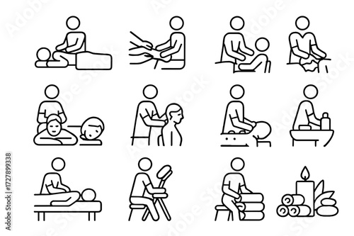 Iconic Relaxation Therapy. Relaxation therapy. Line icon set of relaxation therapy: therapist giving back massage, therapist giving foot massage, therapist