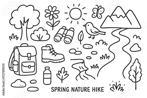 Spring Nature Sketch. Hand-drawn doodle illustration Spring nature hike tree, bush, flower, leaf, mountain, river, path, backpack, boots, water bottle,