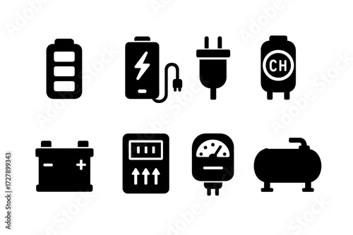 Energy Storage Icons. Solid, filled icon set of energy storage: battery cell, power bank, capacitor, fuel cell, accumulator, supercapacitor, energy meter,