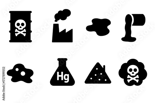 Industrial Waste Icons. Solid, filled icon set of industrial waste: chemical barrel, factory smokestack, oil spill, waste pipe, sludge, heavy metal, ash pile,