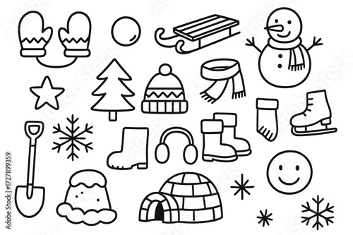 Winter Fun Doodles. Hand-drawn doodle illustration Outdoor snow fun with mittens [mittens, snowball, sled, snowman, pine tree, hat, scarf, ice skate, star,