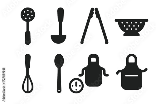Boiling Kitchen Tools Icons. Solid, filled icon set of boiling kitchen tools: slotted spoon, ladle, tongs, colander, whisk, stirring spoon, timer, apron. [Line