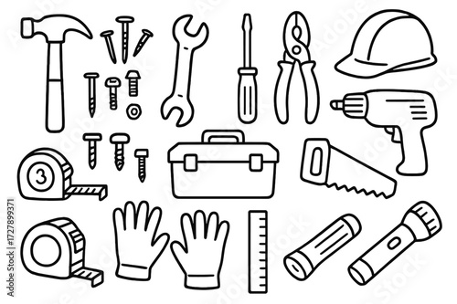 Handyman Tool Doodles. Hand-drawn doodle illustration handyman tools hammer, wrench, screwdriver, pliers, drill, nails, screws, bolts, saw, toolbox, tape