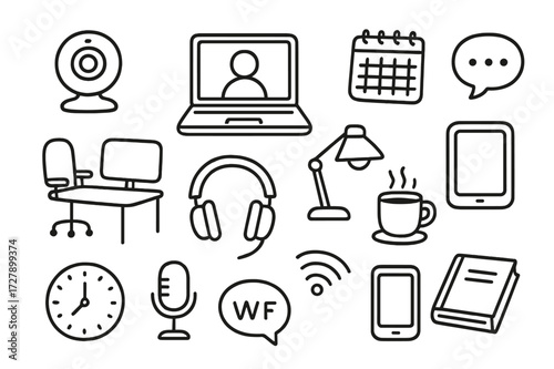 Doodle Video Conferencing Icons. Hand-drawn doodle illustration Video conferencing webcam, laptop, microphone, headphones, smartphone, tablet, wifi symbol,