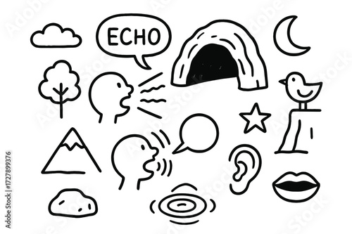 Cave Echo Doodle. Hand-drawn doodle illustration Cave echo cave entrance, wave lines, person shouting, speech bubble, rock, tree, star, moon, cloud, ripple