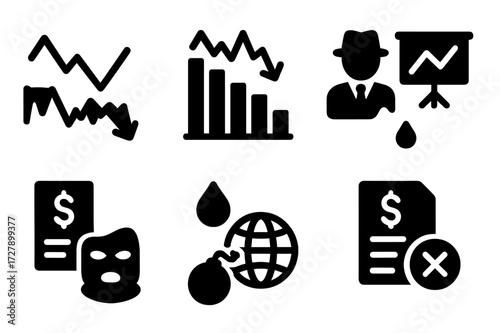 Stock Market Risk Icons. Solid, filled icon set of stock market risks: volatility, market crash, insider trading, fraud, liquidity risk, credit risk, interest