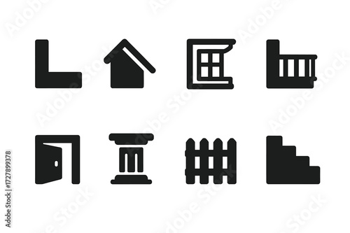Architectural Corners Icons. Solid, filled icon set of architectural corners: wall corner, roof corner, window corner, balcony corner, door corner, column