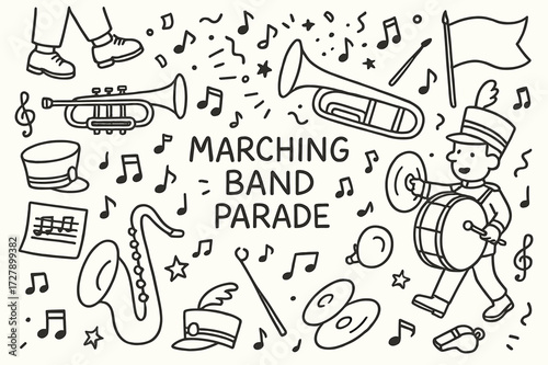 Marching Band Doodles. Hand-drawn doodle illustration Marching band parade [trumpet, trombone, tuba, drum, cymbals, saxophone, sheet music, conductor baton,