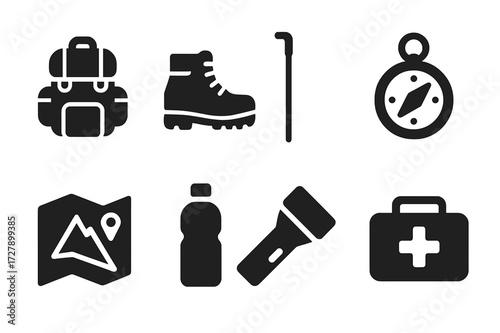 Trail Gear Icons. Solid, filled icon set of trail equipment: backpack, hiking boots, walking stick, compass, map, water bottle, flashlight, first aid kit.