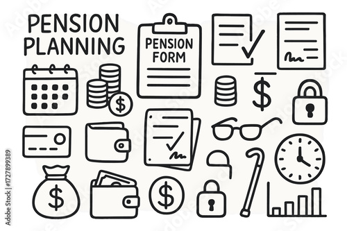 Pension Planning Icons. Hand-drawn doodle illustration pension planning pension form, clipboard, calendar, coin stack, bank card, wallet, money bag, contract,