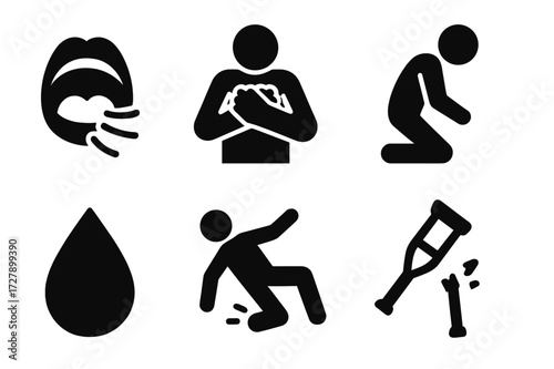 Desperation Icons Set. Solid, filled icon set of physical desperation: gasping mouth, clenched chest, falling knees, outstretched arm, sweat drop, collapsing