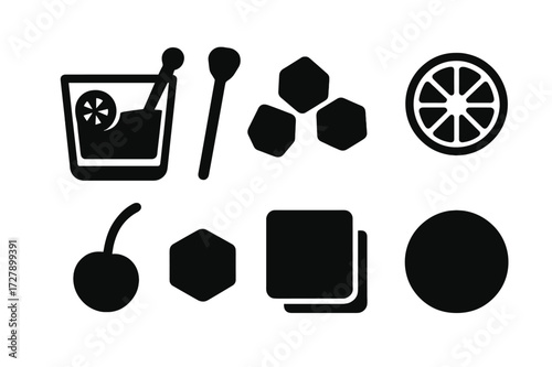 Cocktail Icon Grid. Solid, filled icon set of old fashioned cocktail presentation: garnished glass, cocktail stirrer, ice cubes, orange slice, cherry, sugar
