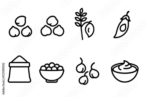 Chickpea Icons Set. Solid, filled icon set of chickpeas: raw chickpeas, cooked chickpeas, chickpea plant, chickpea pod, chickpea flour sack, bowl of chickpeas,