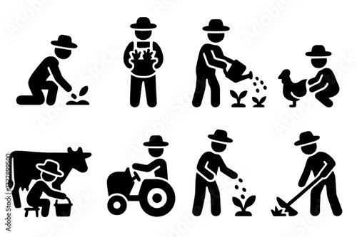 Farmer Activity Icons. Solid, filled icon set of farmer activities: planting, harvesting, watering, feeding animals, milking cow, plowing, fertilizing,