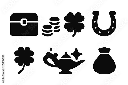 Fortune Icon Collection. Solid, filled icon set of fortune symbols: treasure chest, gold coins, lucky clover, horseshoe, four-leaf clover, magic lamp, wishing