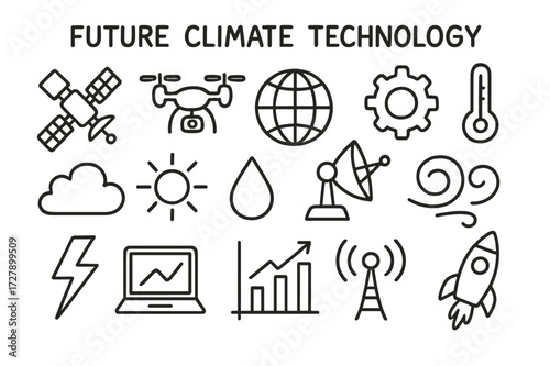 Future Climate Technology Icons. Hand-drawn doodle illustration Future climate technology satellite, drone, globe, gear, thermometer, cloud, sun, droplet,
