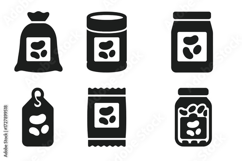 Pinto Bean Packaging Icons. Solid, filled icon set of pinto bean packaging: sack of beans, canned beans, paper bag, glass jar, tin can, label tag, sealed pack,