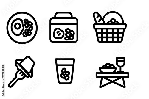 Baked Beans Icons Set. Solid, filled icon set of baked beans meal occasions: breakfast plate, lunch box, picnic basket, sandwich, spoon, salad bowl, beverage