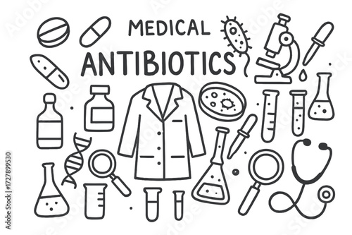 Antibiotics Doodle Icons. Hand-drawn doodle illustration Medical application of antibiotics Pill, capsule, syringe, bacteria, petri dish, test tube, flask,