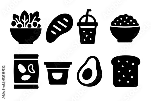Healthy Meal Icons. Solid, filled icon set of healthy meals: salad bowl, grilled chicken, smoothie cup, quinoa bowl, nuts pack, yogurt cup, avocado slice,